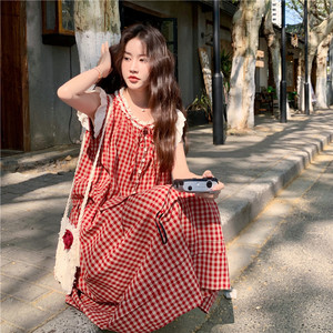 现货2025夏季新款128-2562-P145-K208学院清新红格子蕾丝边套装裙图片