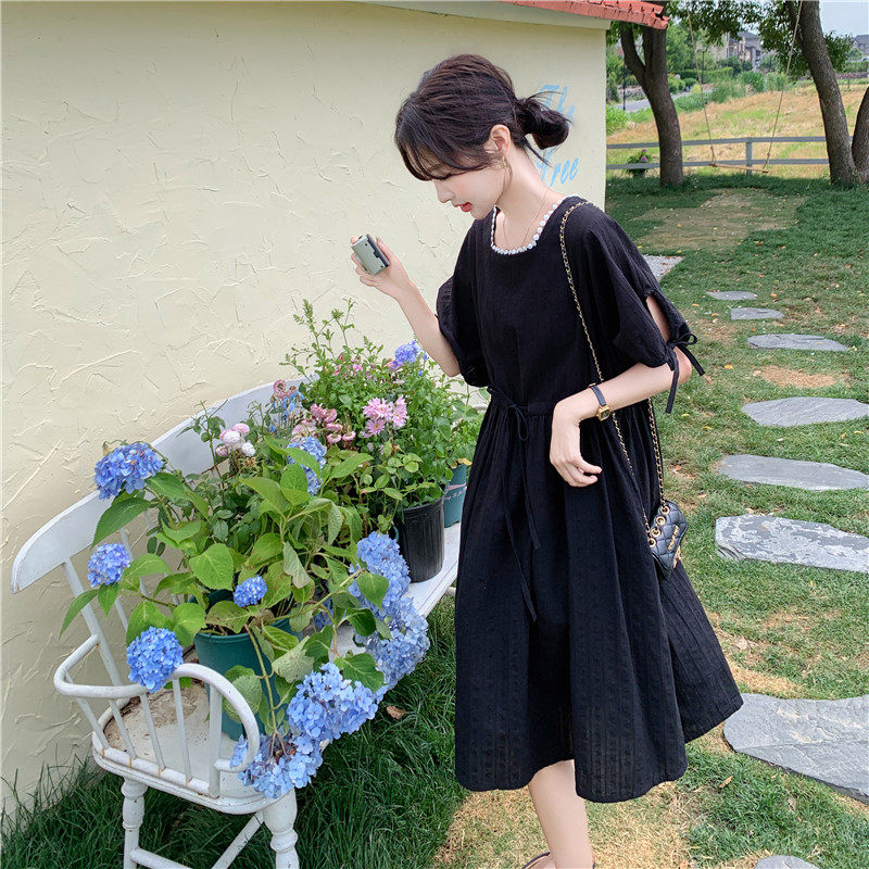 法式气质赫本风方领连衣裙女2025夏季新款韩版收腰显瘦系带长裙子,女装连衣裙,浙宝128（原290）