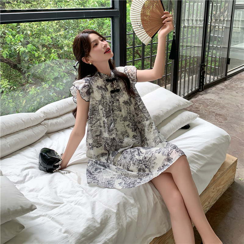 新中式国风黑色水墨画连衣裙女2025夏季小个子宽松印花飞飞袖短裙,女装连衣裙,浙宝128（原290）