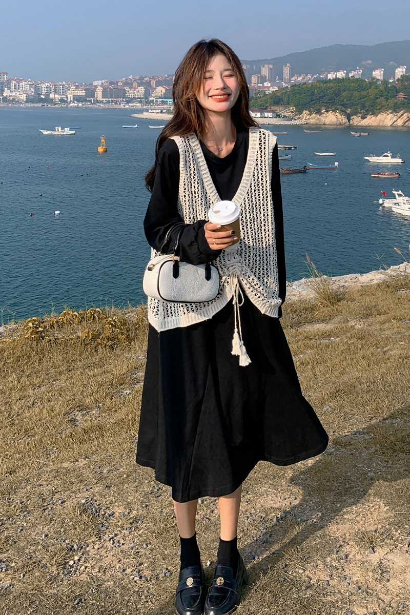 针织马甲黑色卫衣连衣裙女春秋新款设计感休闲宽松孕妇,女装连衣裙,浙宝128（原290）