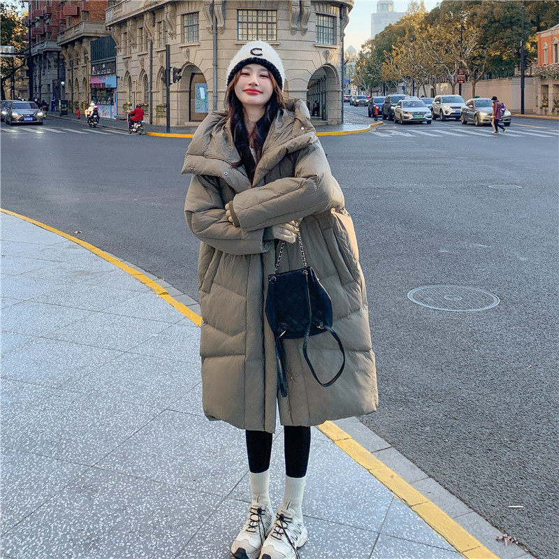 韩版中长款过膝连帽羽绒服女2025冬季新款加厚显瘦保暖白鸭绒外套图片