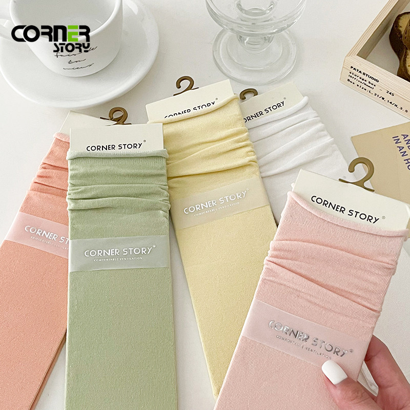 夏季薄款纯棉堆堆袜女简约基础百搭卷边松口吸汗防臭无骨中筒袜