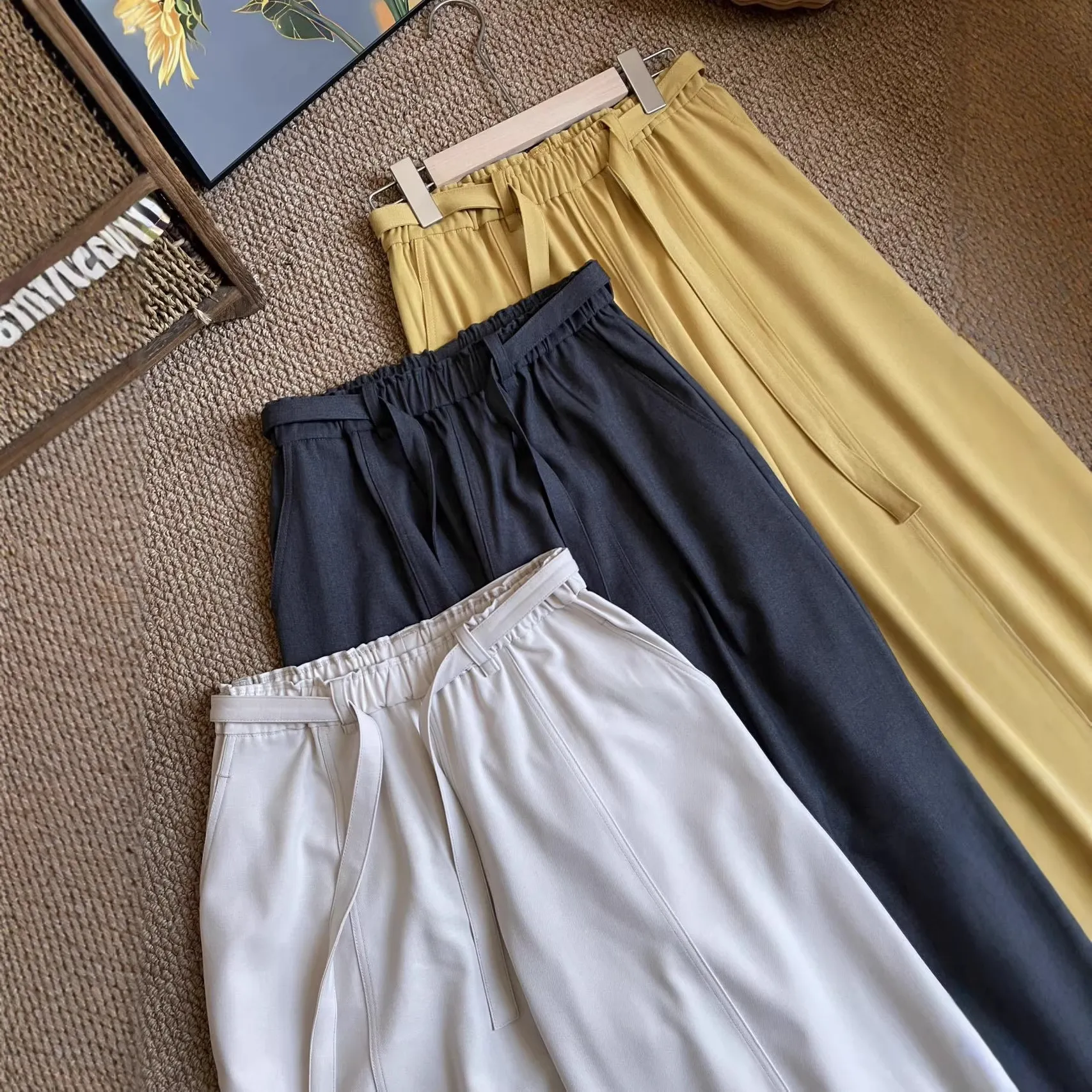 轻奢风高腰阔腿裤女宽松显瘦系带直筒裤舒适休闲裤