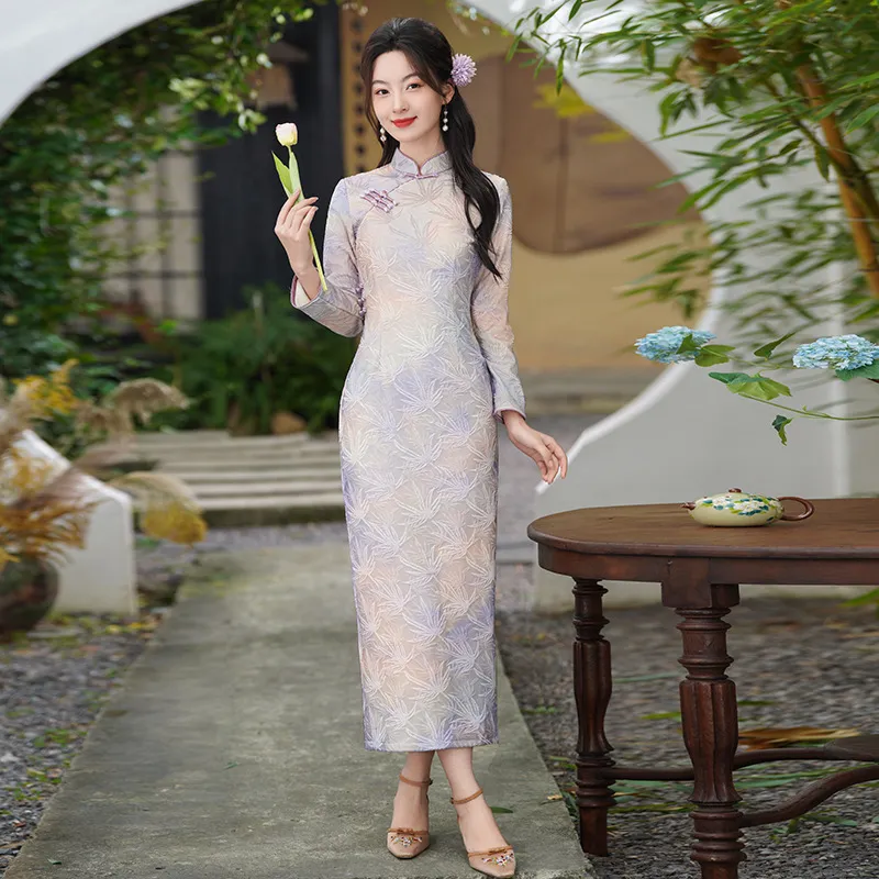 紫色国风新中式长款秋季长袖旗袍2026新款年轻款女复古修身秋冬装