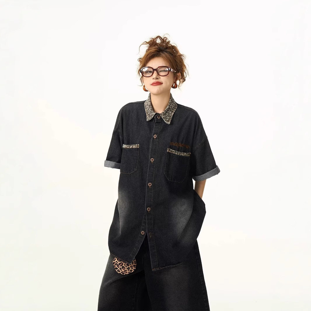小众设计感美式豹纹拼接牛仔短袖衬衫女夏季恤复古街头做旧外套