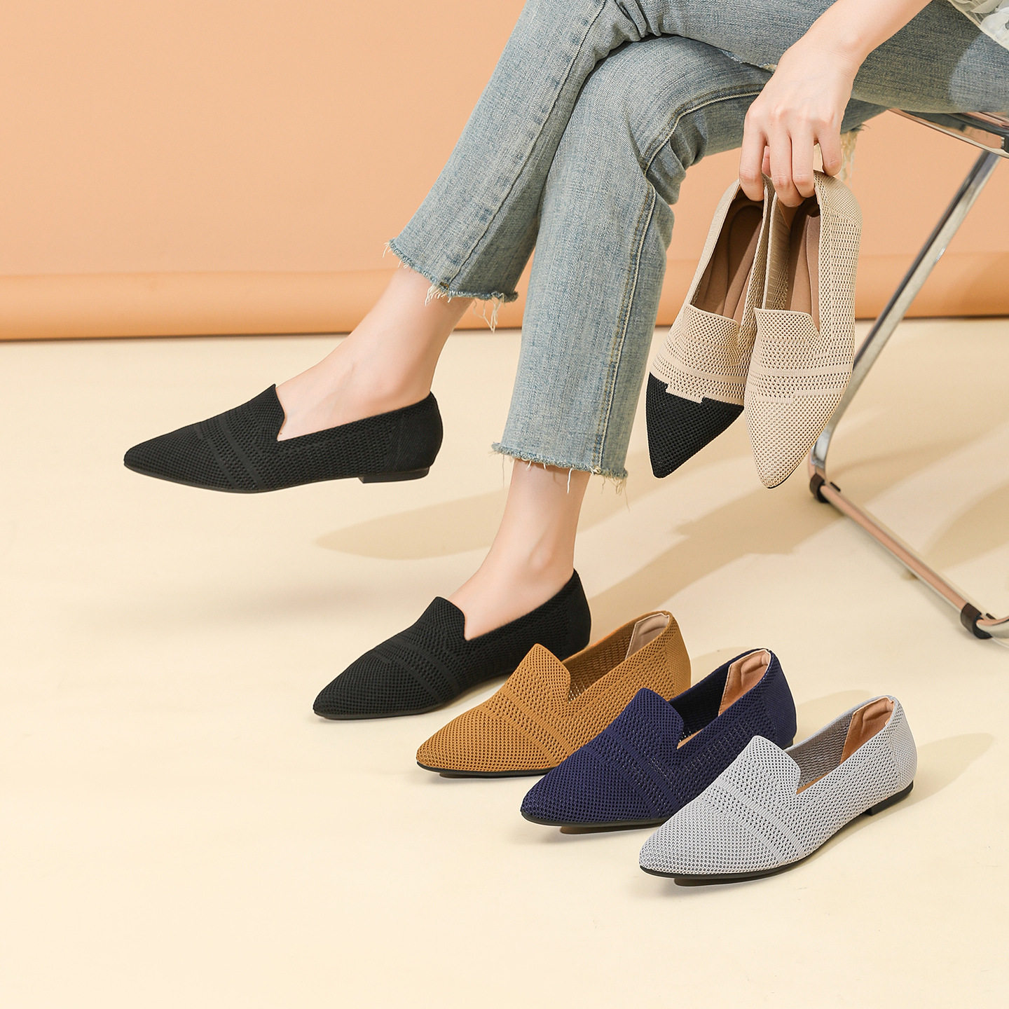 春秋软底蛋卷欧美王妃鞋飞织单鞋豆豆平底鞋大码女鞋针织尖头船鞋