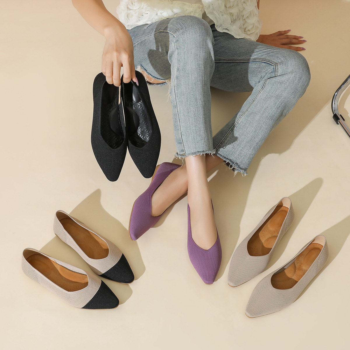 春秋软底蛋卷欧美王妃鞋飞织单鞋豆豆鞋平底瓢鞋女鞋针织尖头船鞋