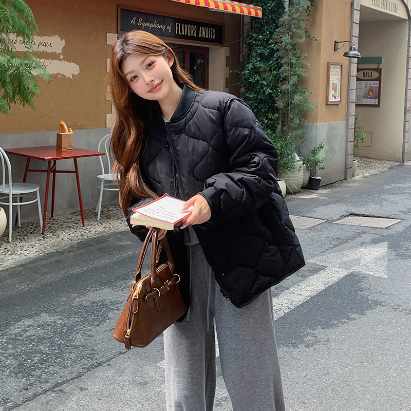 日系复古菱形格棉服女冬宽松学生百搭轻薄棒球棉衣外套现货款