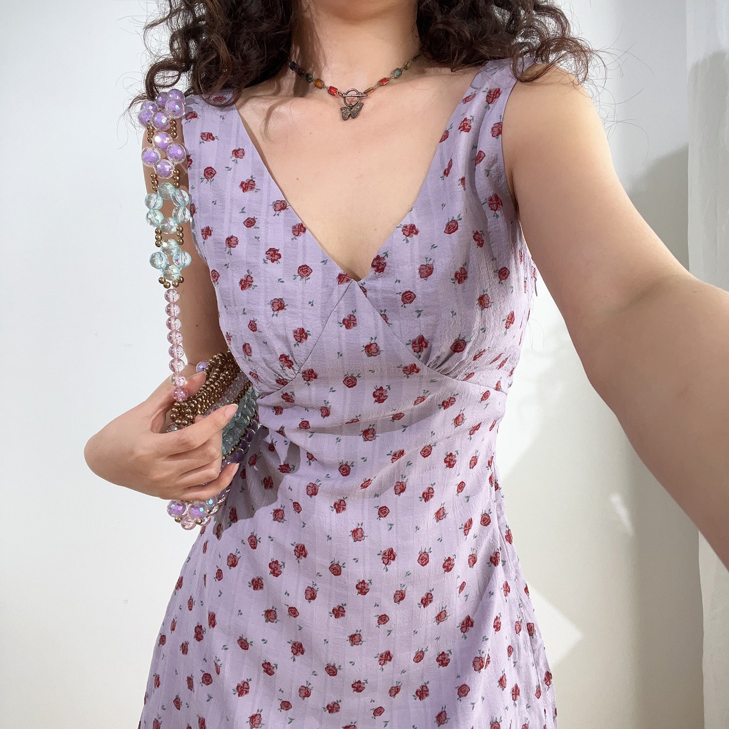 品牌折扣女装专柜清仓V领浪漫玫瑰印花后背系带摆腰背心连衣裙夏