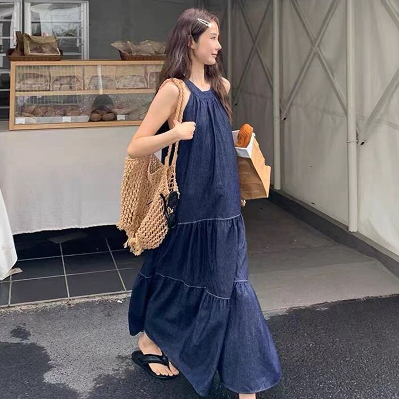 捡漏专柜撤回尾单大牌正品背带法式挂脖牛仔连衣裙A字大摆长裙子