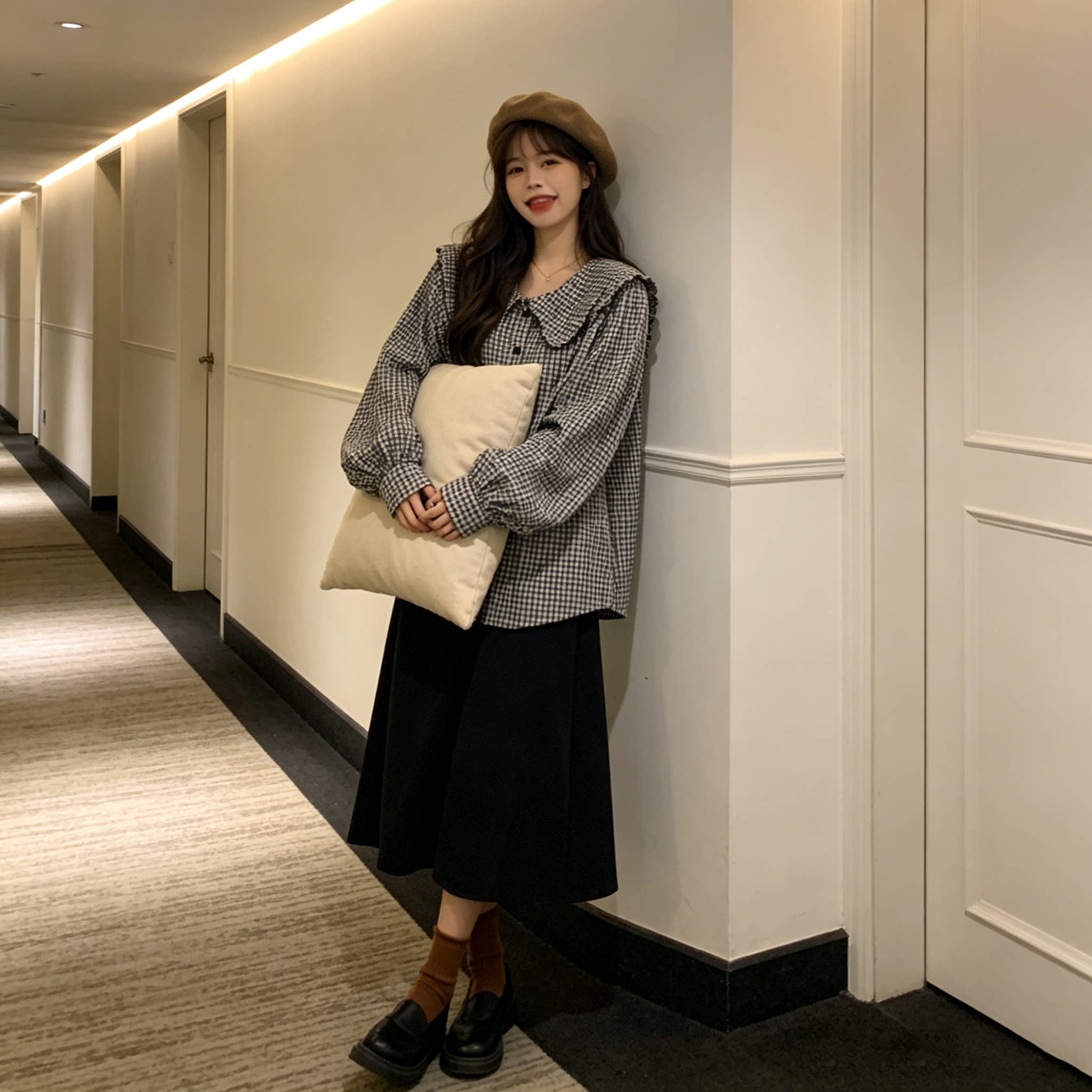 复古学院风格纹娃娃领长袖衬衫女