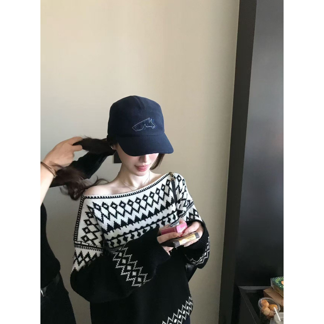 【仿棉洗水】冬日费尔岛软糯厚实毛衣女复古一字领撞色提花上衣