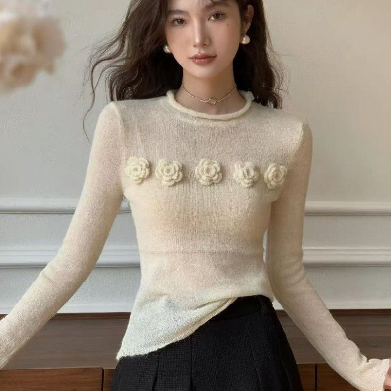 【马海毛洗水】立体花朵长袖女秋冬针织毛衣修身别致绝美上衣