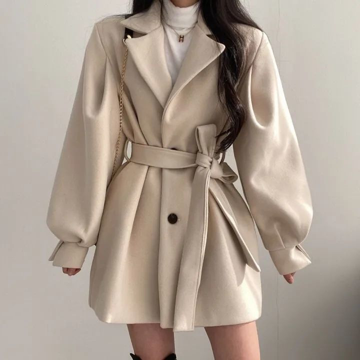 新款韩版秋冬装绑带气质小个子西装领赫本风中长款毛呢女大衣外套