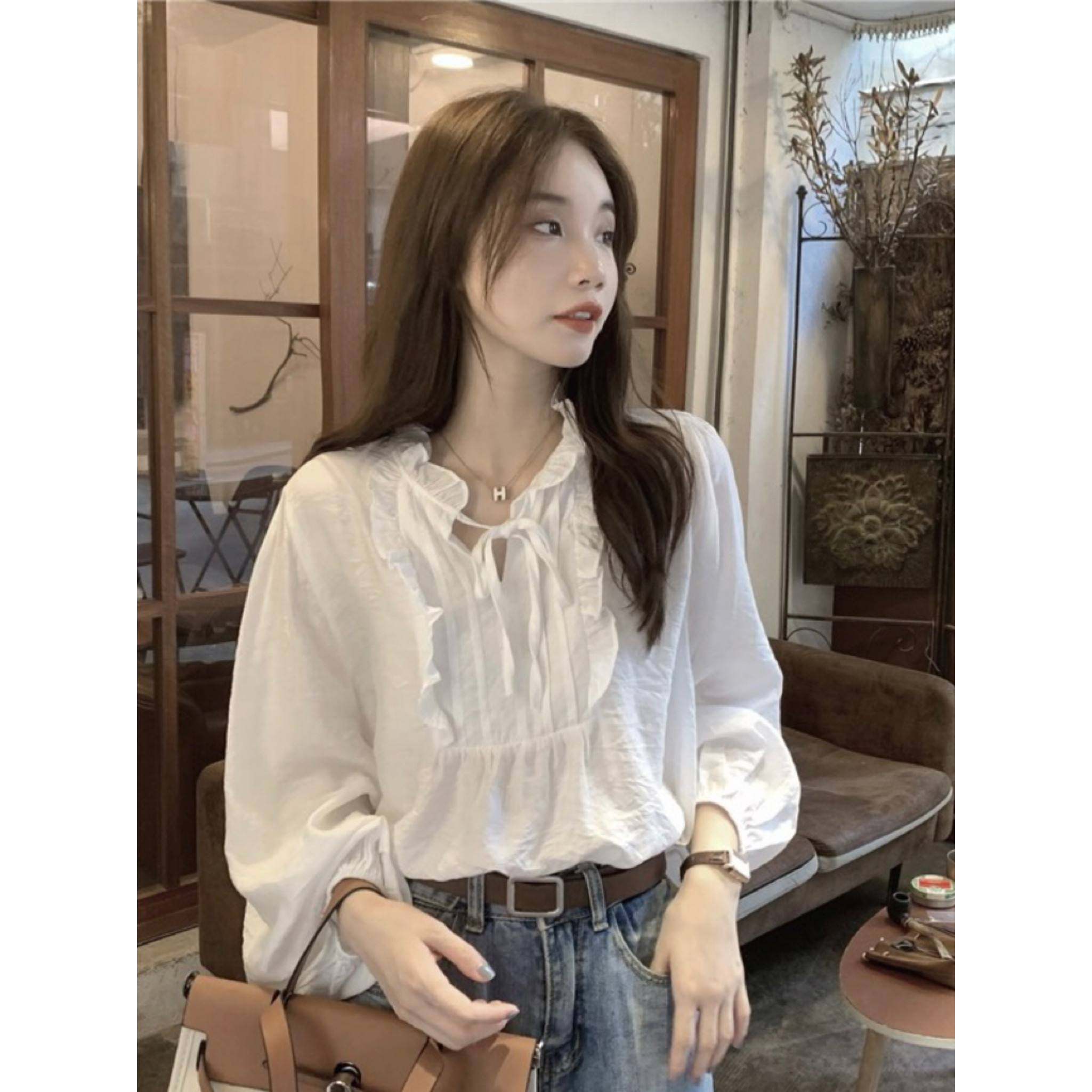 品牌折扣女装专柜撤柜韩版V领长袖上衣绑带拼接木耳边宽松衬衫夏