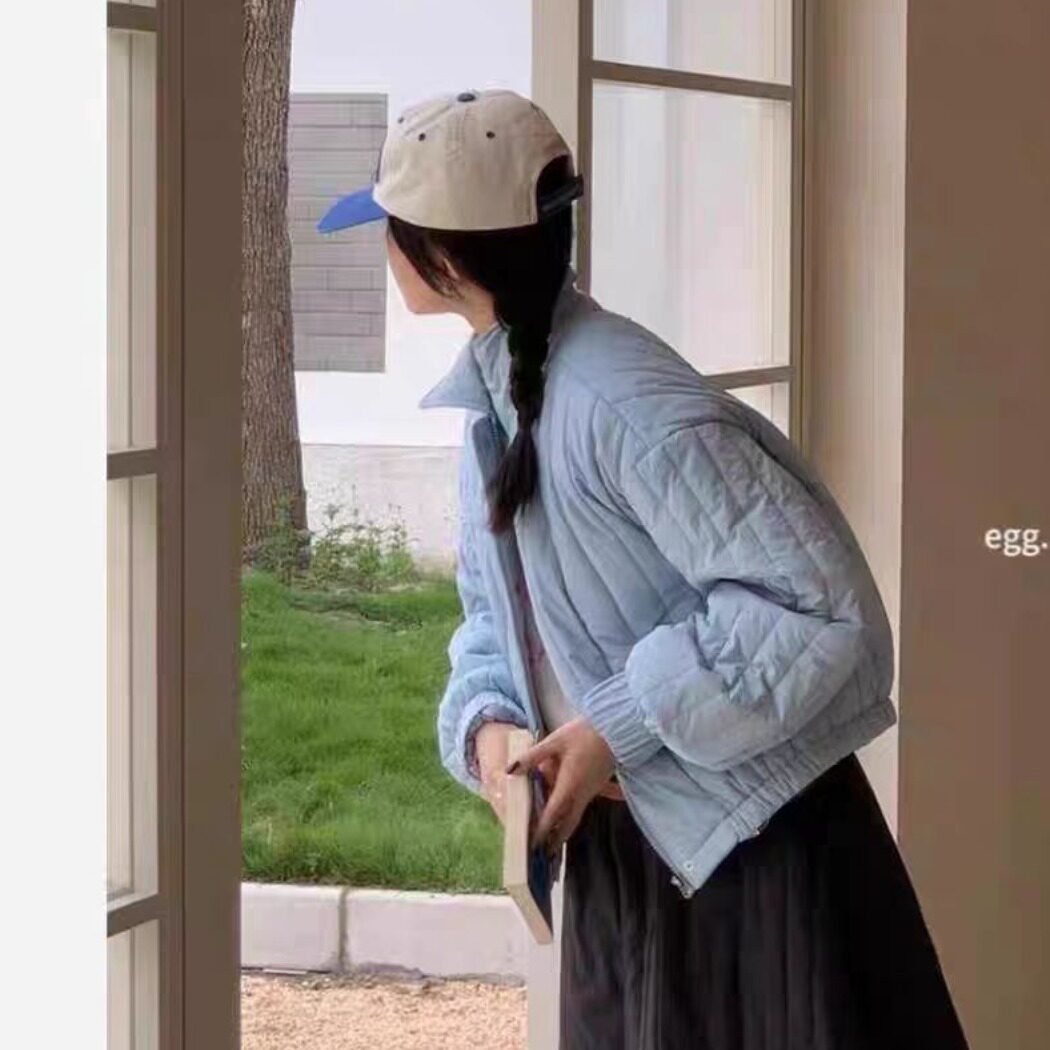 彩色竖条纹理冬翻领小个子轻盈棉服甜美韩版棉衣现货款