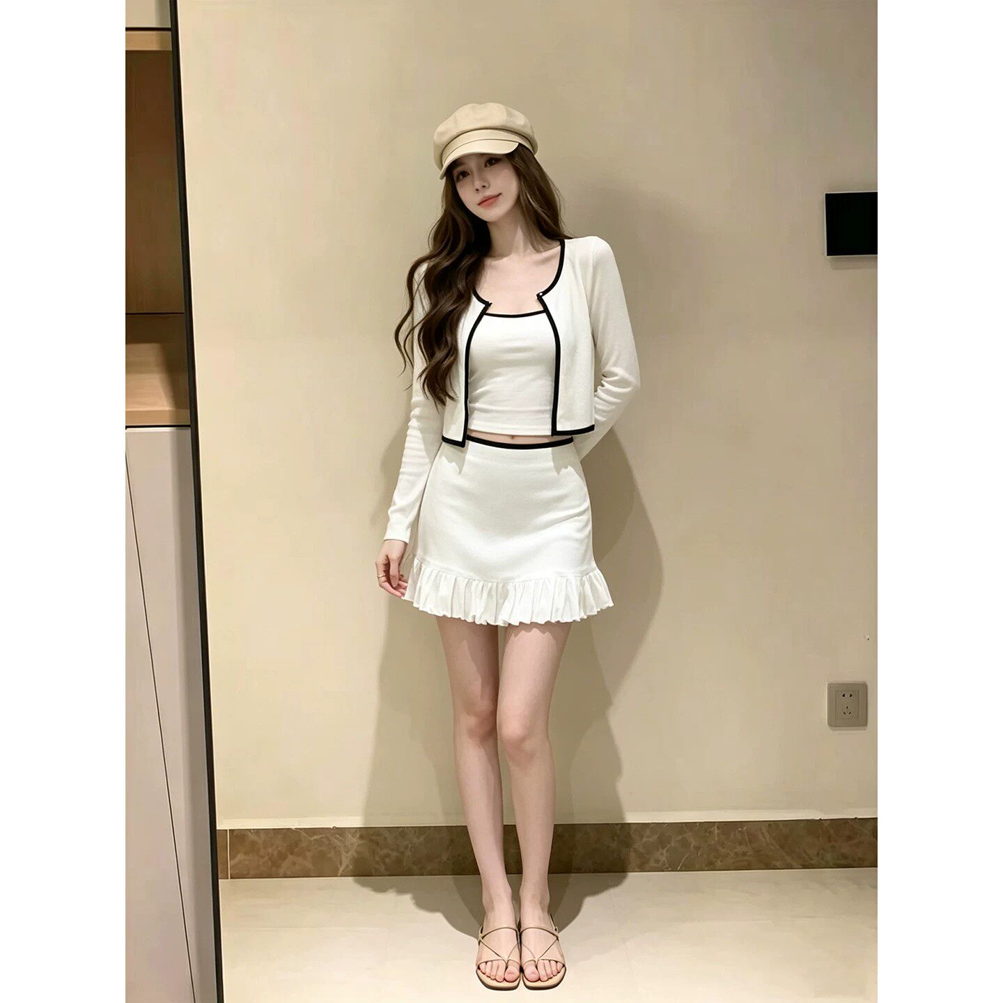 韩系白色花边吊带背心长袖开衫女早秋新款显瘦包臀半身裙三件套装