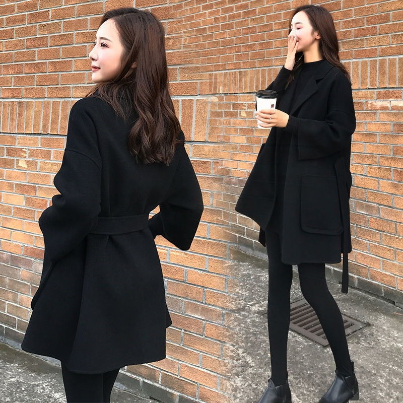外套薄款女秋装宽松中长款毛呢外套系带大码宽松女大衣