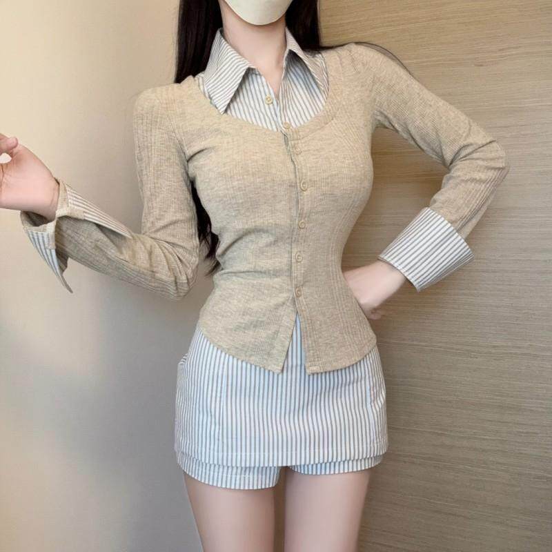 假两件长袖衬衫搭配半身裙子女韩系一整套2026新款早秋miu系套装