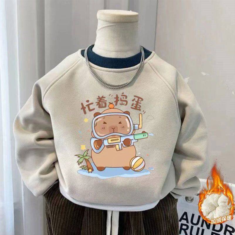 新款卡皮巴拉男童女童加绒卫衣卡通印花中大童洋气韩版潮流百搭秋