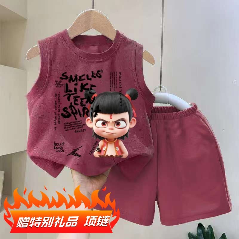 卡通动漫魔童哪吒儿童纯棉无袖背心短裤夏季新款宽松打底休闲套装