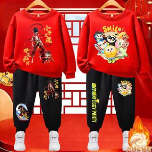 拜年服过年哪吒蛋仔男童加绒卫衣卫裤套装秋冬新款上衣休闲两件套