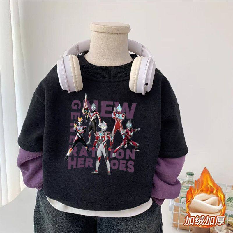 新款奥特曼男童加绒两件卫衣新款中大童一体加绒冬装男孩外穿上衣