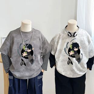 罗小黑春秋假两件长袖 2025男童儿童打底扎染纯棉卡通T恤上衣 新款