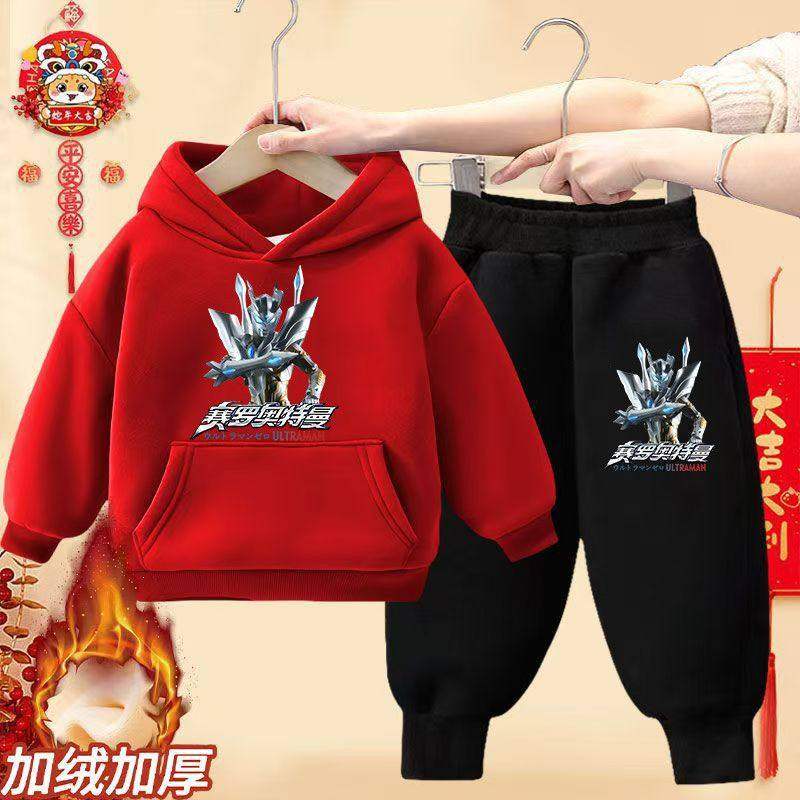 男童新款2025赛罗奥特曼加绒卫衣套装中小童帅气保暖秋冬季两件套