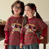打底衫 2026新春款 马年过年红条纹男女童纯棉假两件T恤长袖 上衣潮t