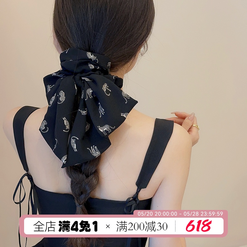 復古氣質(zhì)高級感豹子印花大腸發(fā)圈發(fā)繩百搭優(yōu)雅蝴蝶結飄帶頭繩頭花