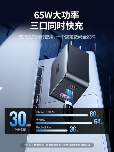 绿联闪充湃65W小巧氮化镓充电器多口PD快充插头Gan笔记本电脑手机双typec