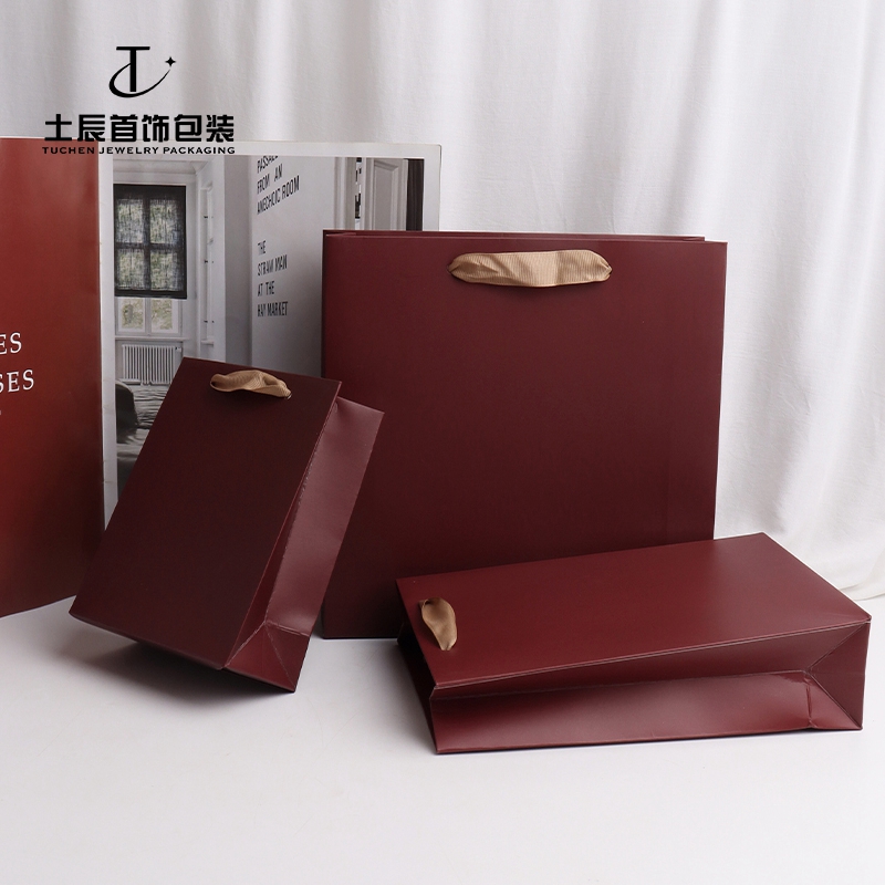 酒红丝带手提袋珠宝首饰包装袋礼品袋购物纸袋子净面大号印logo