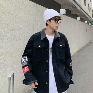 秋冬季加绒加厚夹克外套男宽松潮牌bf港风牛仔羊羔绒韩版潮流褂子
