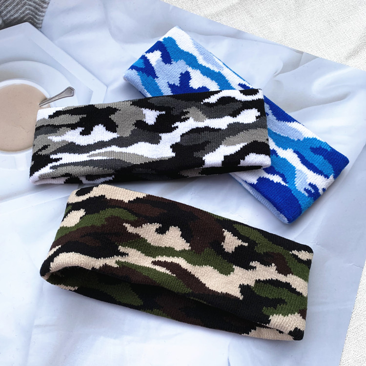 外出运动针织吸汗护额发带男欧美迷彩宽边头巾洗脸发饰女瑜伽头带