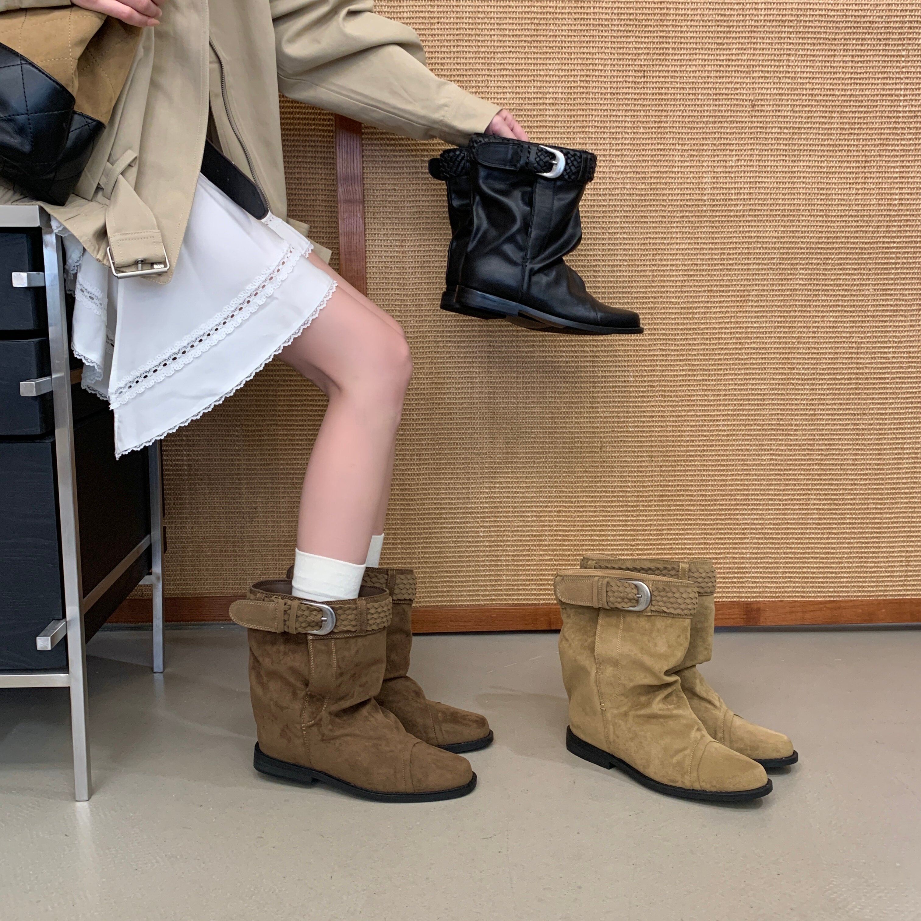 韩版复古卡其色绒面短靴女皮带扣堆堆靴显瘦时尚褶皱裤管靴子
