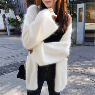 特价水貂绒中长款毛衣女秋冬季新款温柔宽松慵懒风兔毛针织衫外套