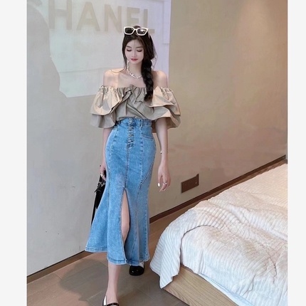 韩国洋气时尚高腰开叉中长款半身裙套装套装 小个子A字牛仔长裙子