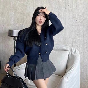 2024秋冬新款毛呢A字半身裙毛衣套装女 小个子学院风百褶裙短裙子