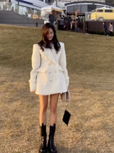名媛气质风小香中长款粗花呢毛呢西装外套女 韩国收腰显瘦连衣裙