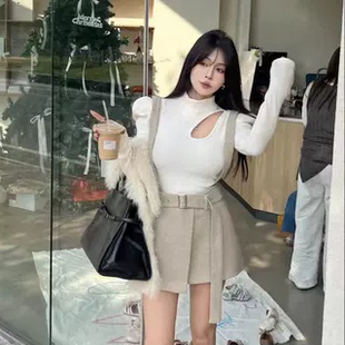 2025秋季新款洋气减龄小个子高腰A字毛呢半身裙两件套背带短裙子