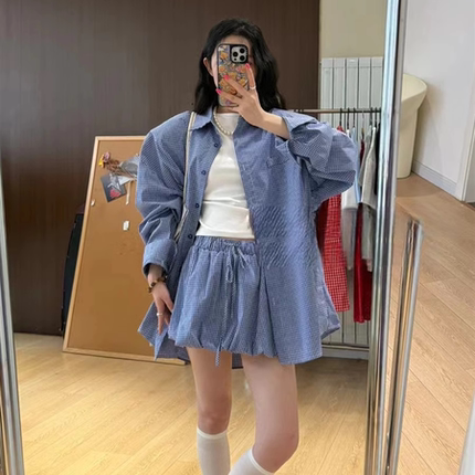 夏季复古格子宽松慵懒风衬衫套装短裙 衬衣外套配A字半身裙两件套