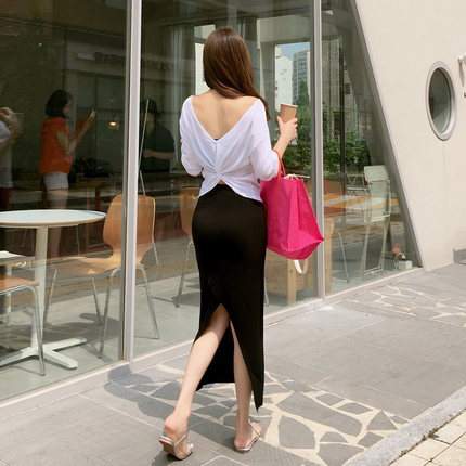 韩版2024夏季高腰百搭修身包臀中长款半身裙女 黑色显瘦长裙套装