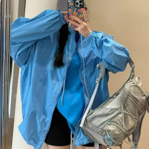 春夏季美式慵懒风时尚纯色立领冲锋衣薄款外套女宽松中长款防晒服