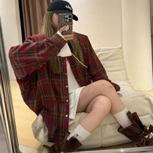 2025韩版新款美式复古磨毛格子衬衫外套女宽松休闲慵懒风长袖衬衣