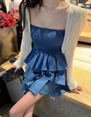 两件套装 特价 纯欲收腰连衣裙子夏韩国打揽松紧抹胸蛋糕裙外搭开衫