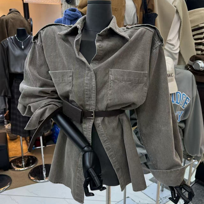 韩版时尚灯芯绒加厚衬衣女配腰包