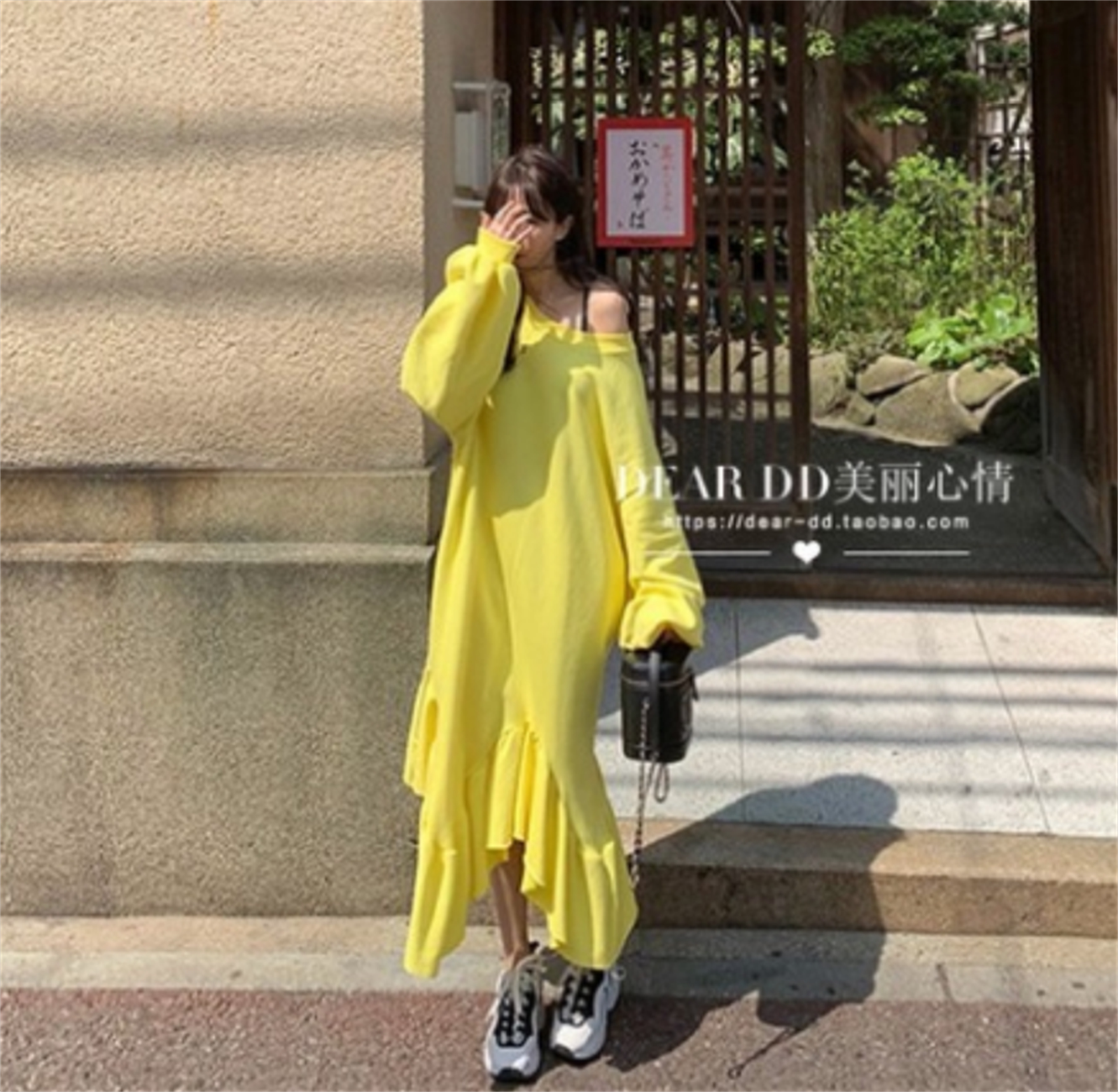 特价韩国ins春秋宽松荷叶边中长款卫衣裙女 慵懒风灯笼袖连衣裙潮