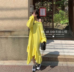 特价韩国ins春款宽松荷叶边中长款卫衣裙女 慵懒风灯笼袖连衣裙潮