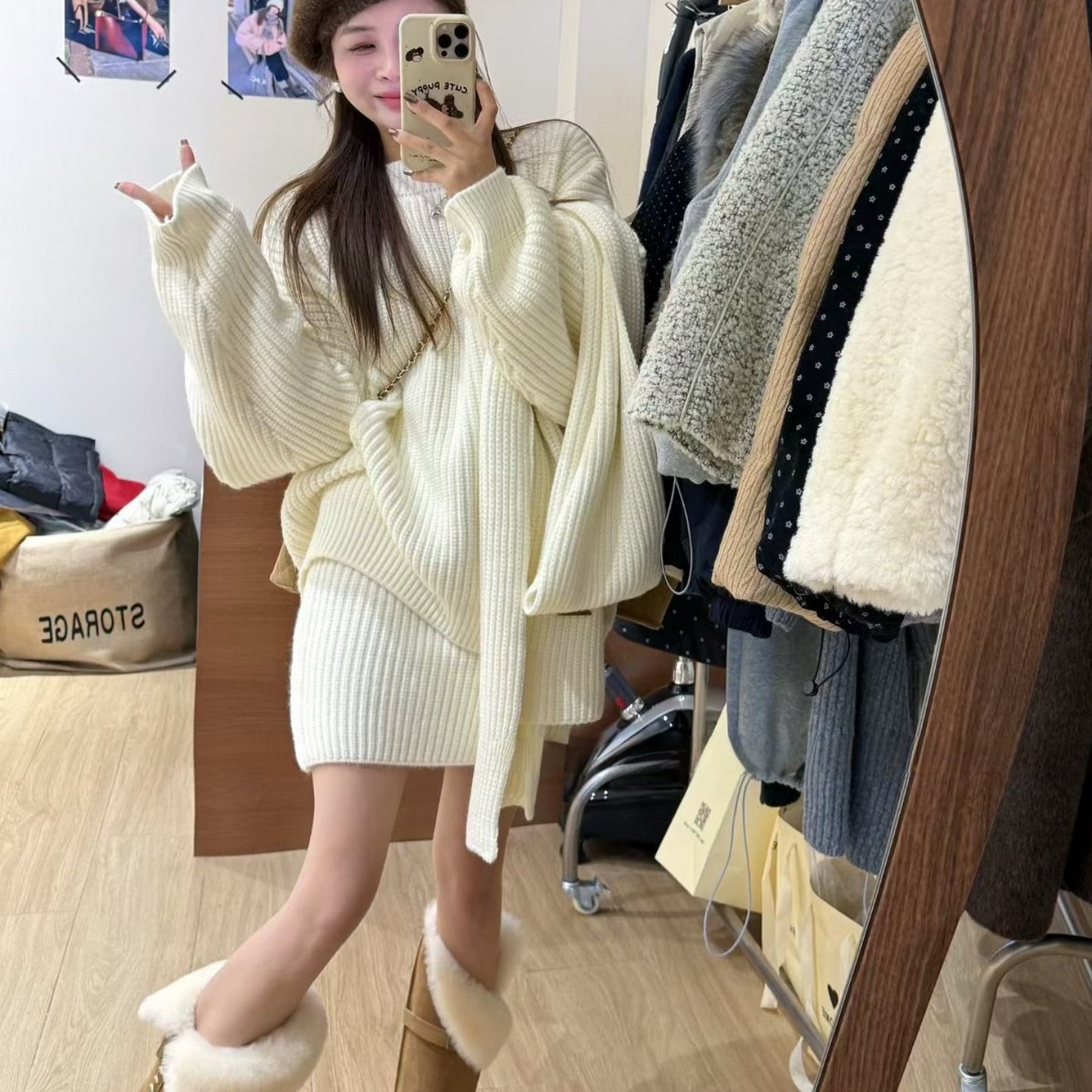 慵懒风针织毛衣短裙围巾三件套女